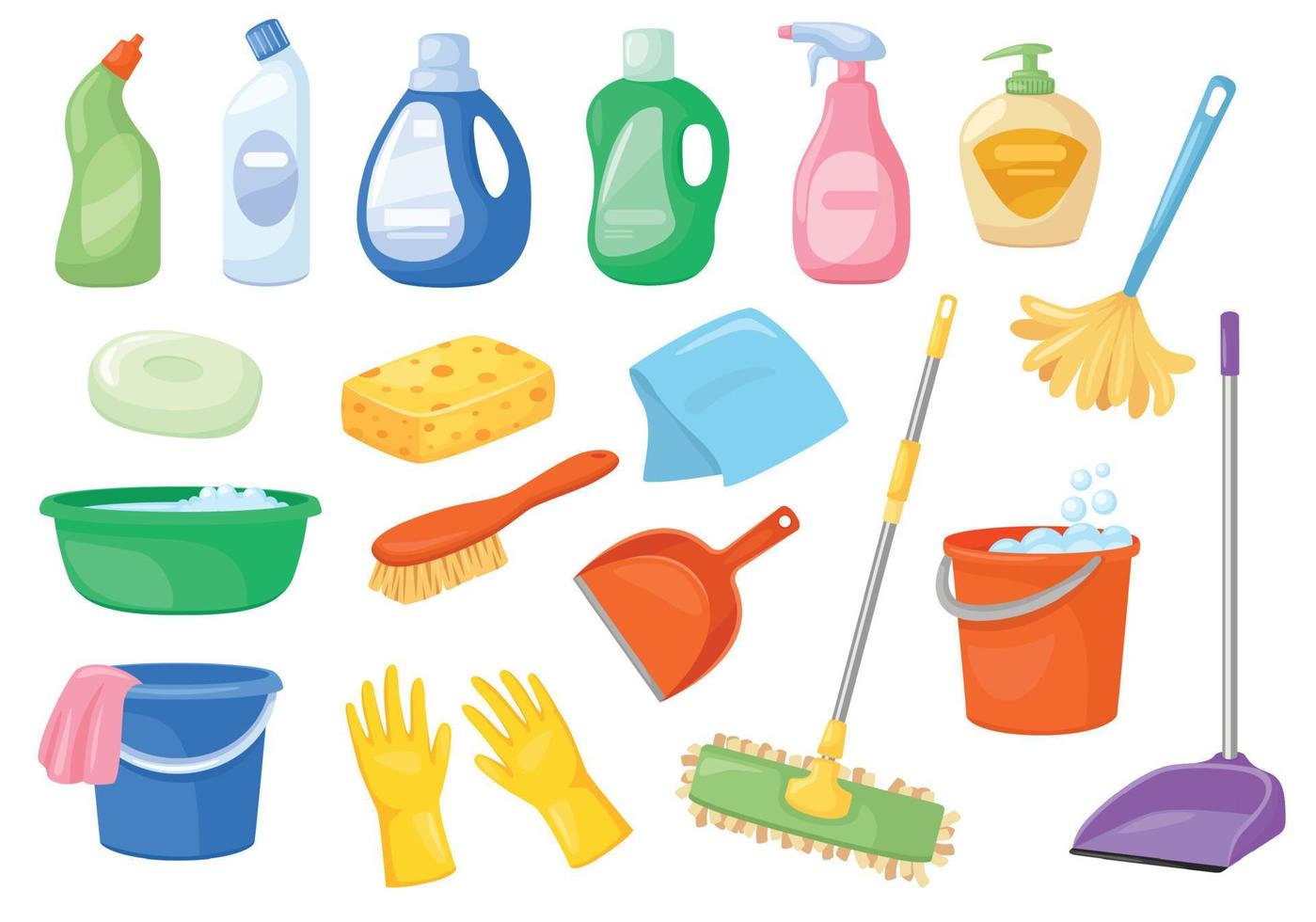 Reinigung Lieferungen. Besen, sprühen Flasche, Mopp, Waschmittel, Eimer, Schwamm. Haushalt Zubehör und Produkte zum Frühling Reinigung Vektor einstellen
