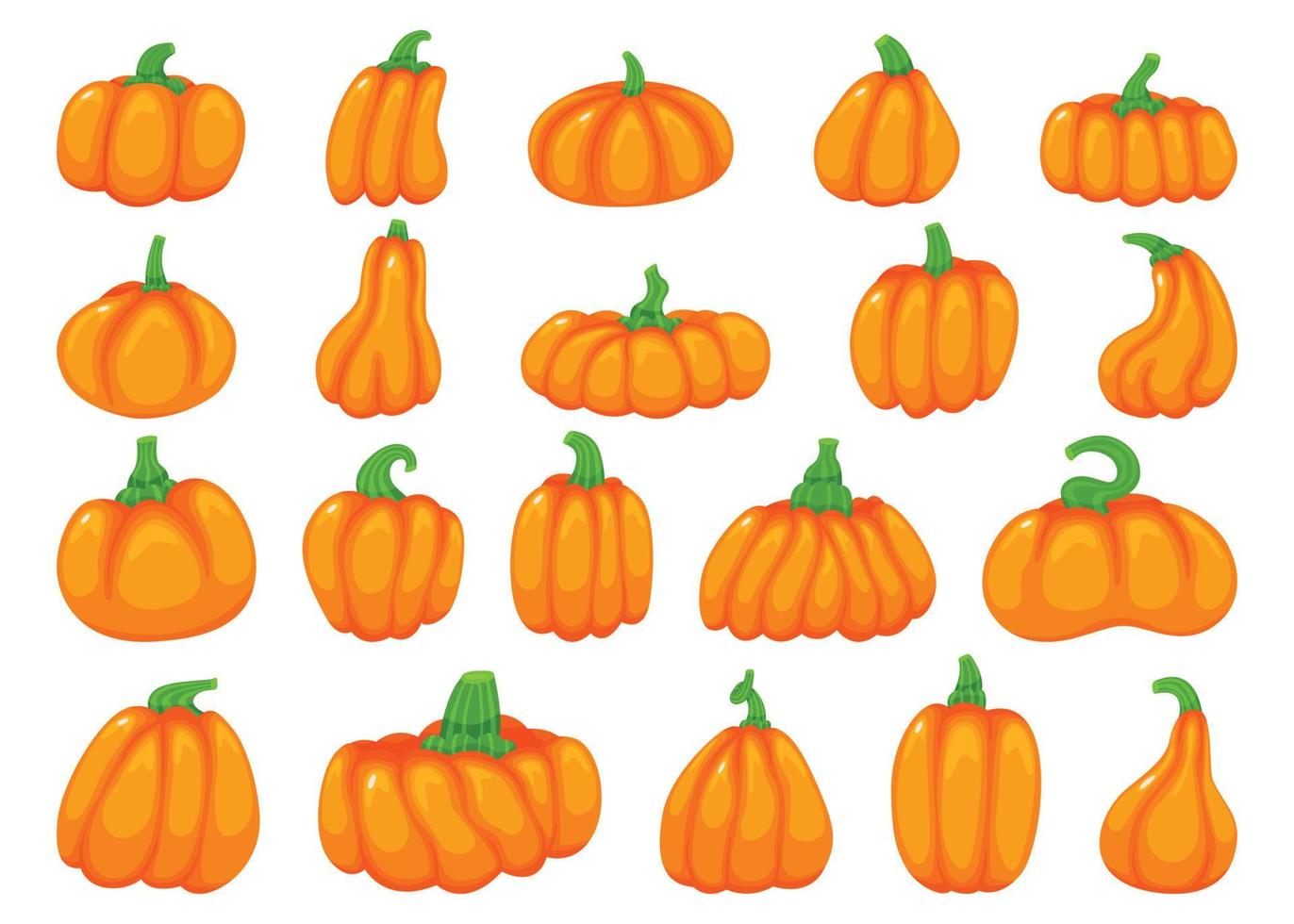 tecknad serie halloween pumpor, falla traditionell orange pumpa. söt pumpor i olika former, squash grönsak, höst dekor element vektor uppsättning