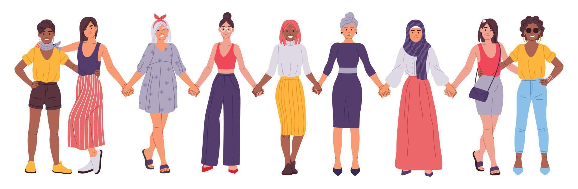 Frauen halten Hände, Freundinnen Stehen zusammen, Schwesternschaft Konzept. vielfältig Gruppe von weiblich Freunde, Mädchen Freundschaft Vektor Illustration