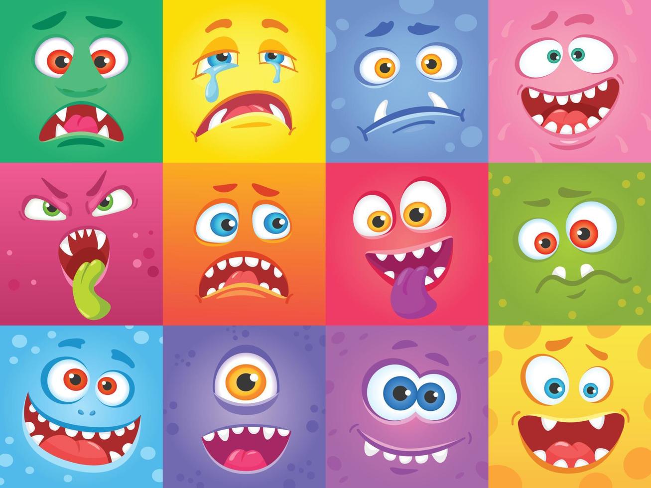 Karikatur komisch Monster- Gesichter im Quadrate, süß Monster Figuren. Halloween gespenstisch Gesicht, Kreaturen mit verschiedene Emotionen Vektor einstellen