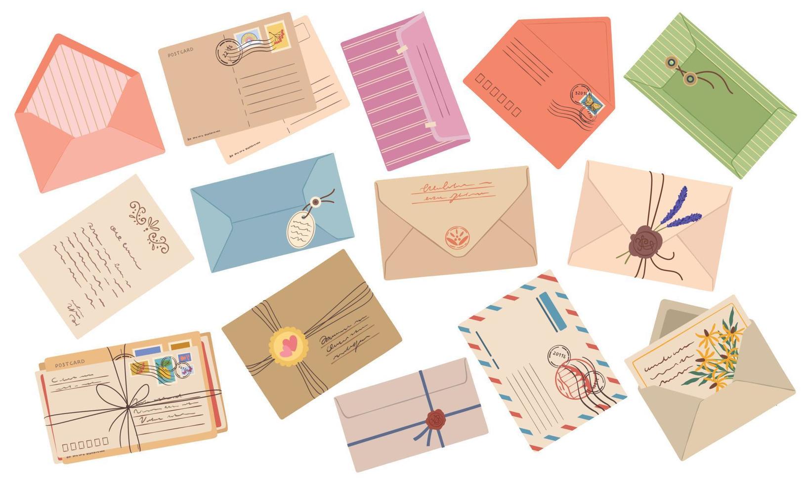 kuvert, papper post brev, vykort med frimärken och poststämplar. handgjort vax täta kuvert, årgång korrespondens posta kort vektor uppsättning