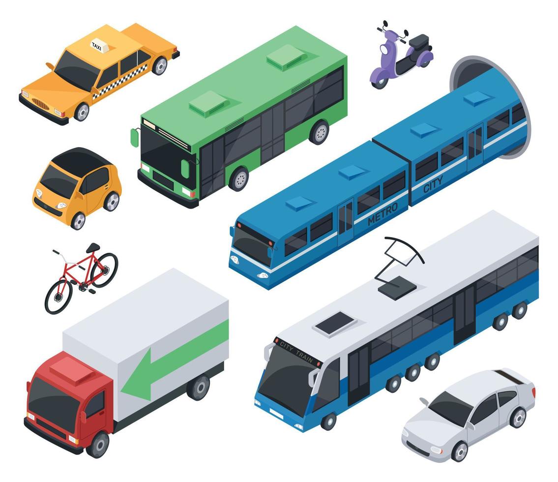 isometrisk stad fordon och offentlig transport bil, tåg, buss. urban transport cykel, motorcykel, taxi, frakt lastbil 3d vektor uppsättning