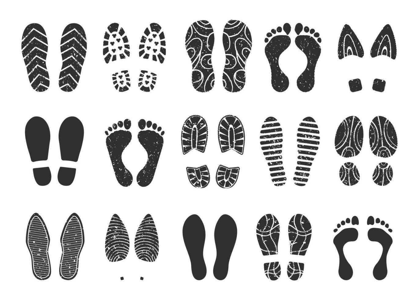 Fußabdrücke Schritte, Sneaker oder Stiefel Schuh drucken, Mensch Fußabdruck. Schuhe Sohlen Drucke, barfuß, Grunge Fuß Impressum, Schritt Silhouette Vektor einstellen