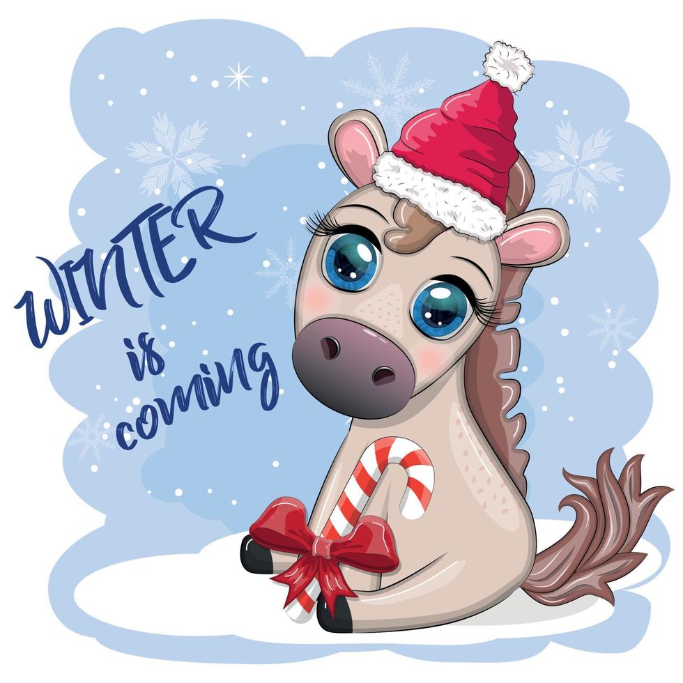 süß Pferd, Pony im Santa's Hut mit Süßigkeiten Kane, Weihnachten Ball, Geschenk, Eis skaten. Winter ist Kommen vektor
