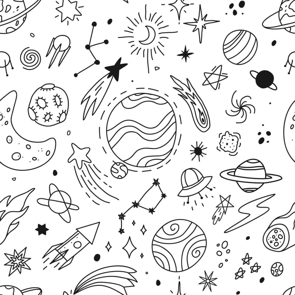 hand dragen Plats doodles, universum, planeter och stjärnor skisser. söt raket, utomjording, komet, måne. galax klottrar vektor sömlös mönster