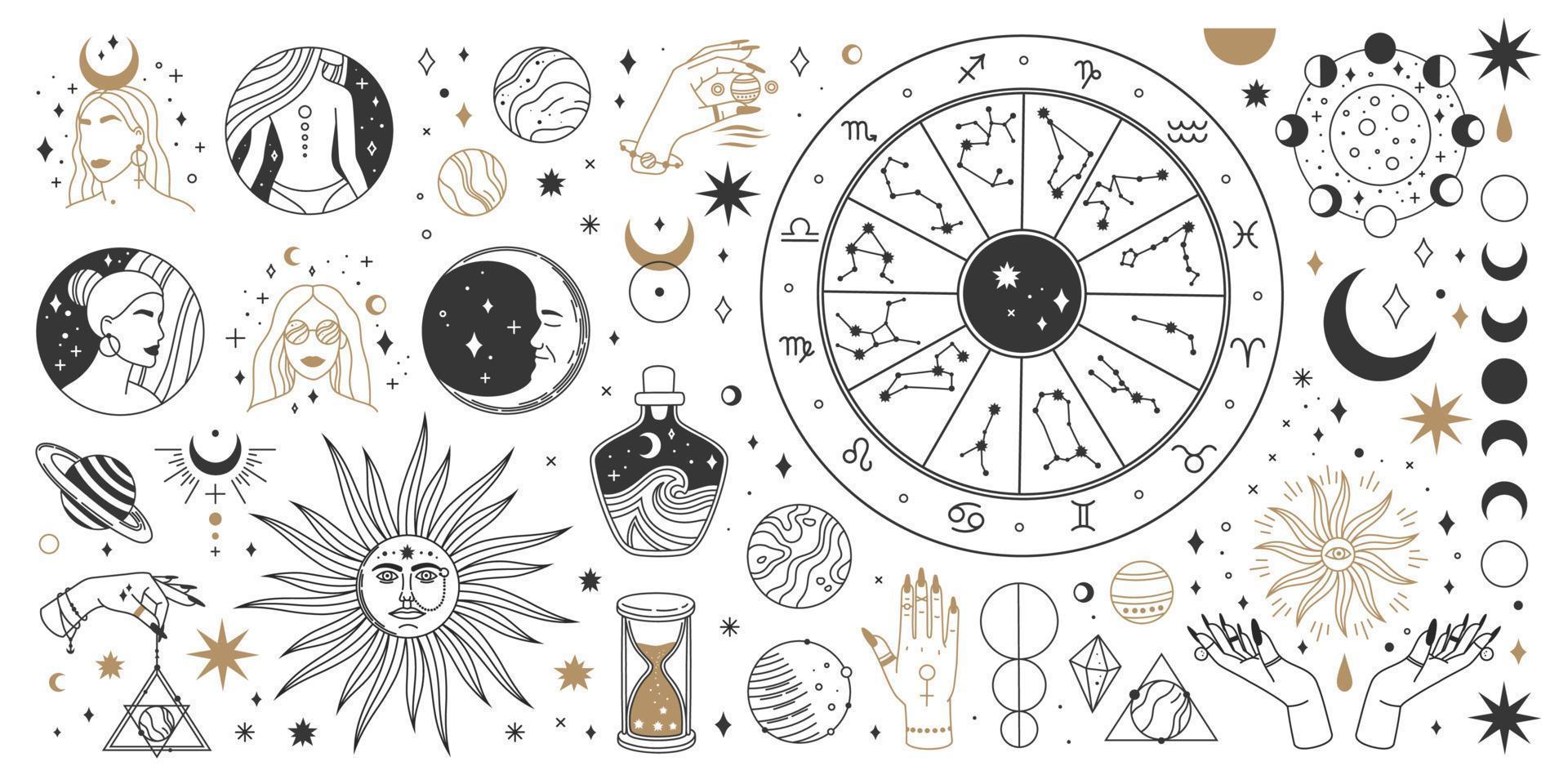 mystisk astrologi, boho himmelsk och magi ockult element. helig mystiker måne, Sol, stjärna, zodiaken symboler och konstellation vektor uppsättning