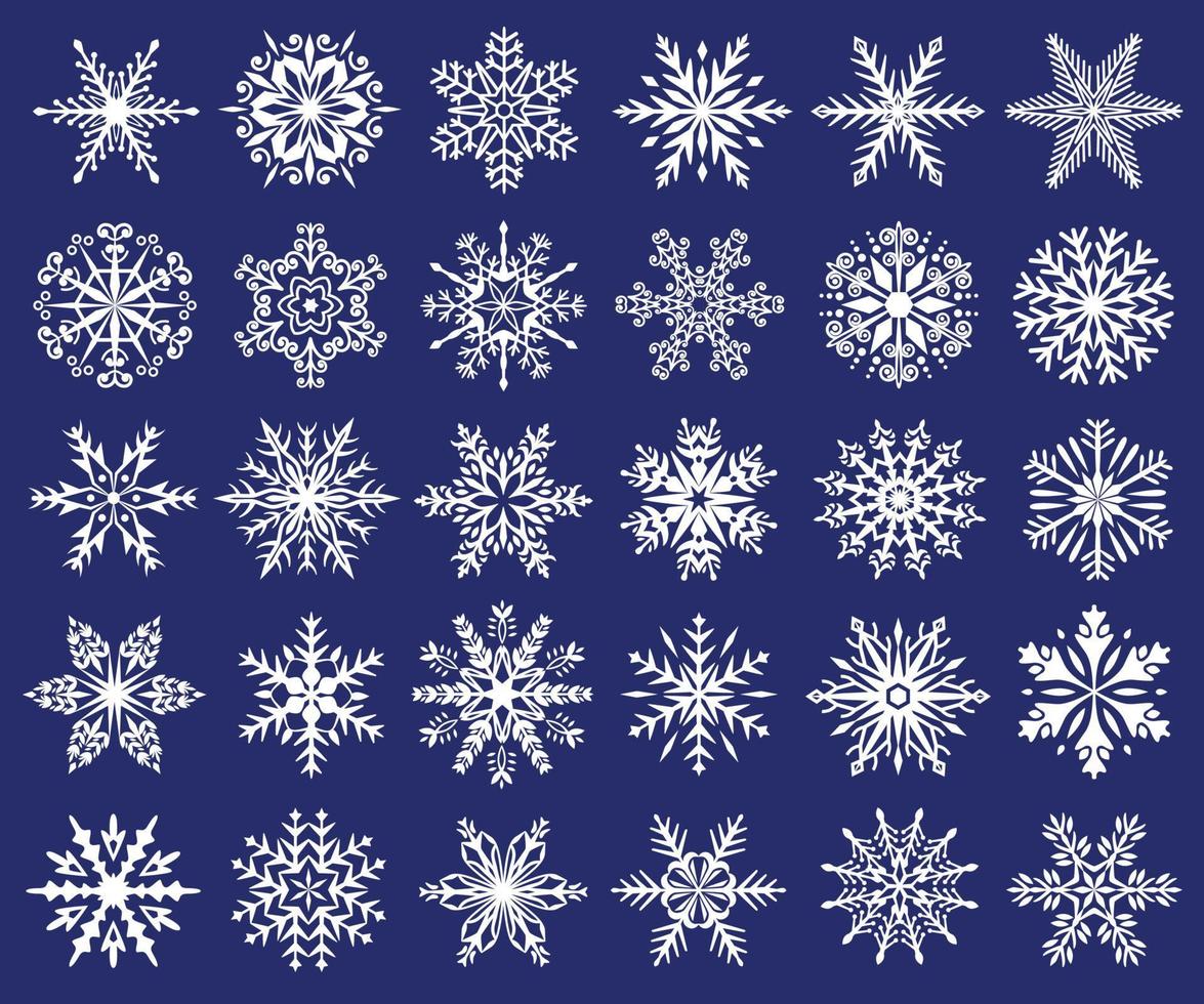 Schneeflocke Silhouette, Weihnachten Eis Flocke Symbole, gefroren Kristalle. stilisiert kalt Schnee Kristall, Weihnachten Winter Schneeflocken Ornamente Symbol Vektor einstellen