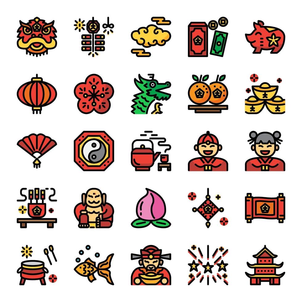 kinesiska nyår pixel perfekt färg linje ikoner vektor