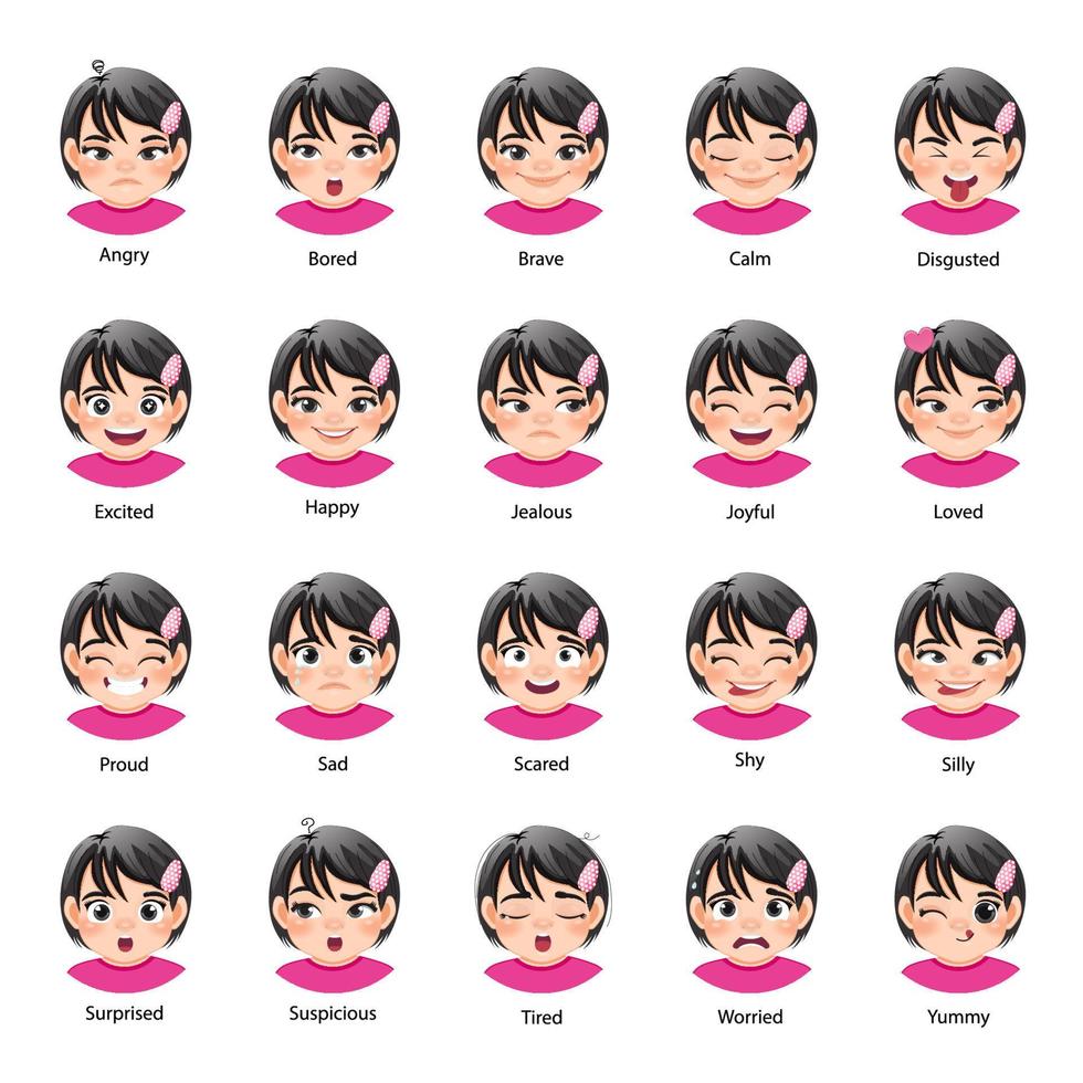 einstellen von anders Gesichts- Ausdrücke ein wenig Mädchen Charakter. Sammlung von jung Frau Gefühle. süß Mädchen Emoji mit verschiedene Emotionen. asiatisch Mädchen Porträt Vektor