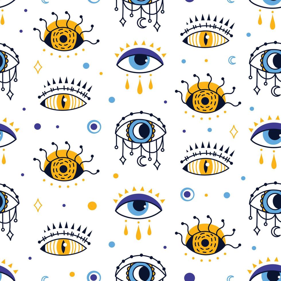 Mystiker böse Auge nahtlos Muster, esoterisch abstrakt Hintergrund. Vorsehung oder Schutz Magie Symbol, Türkisch Auge ethnisch Stoff Vektor Textur