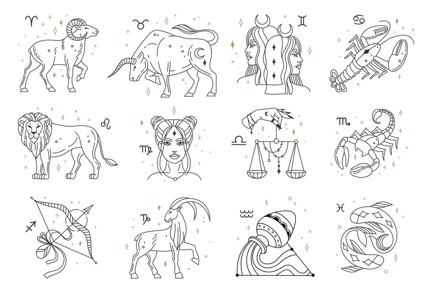 horoskop zodiaken tecken, astrologi konstellationer symboler. lejon, fiskarna, Stenbocken, Vågen, cancer, sagittarius astro tecken vektor uppsättning