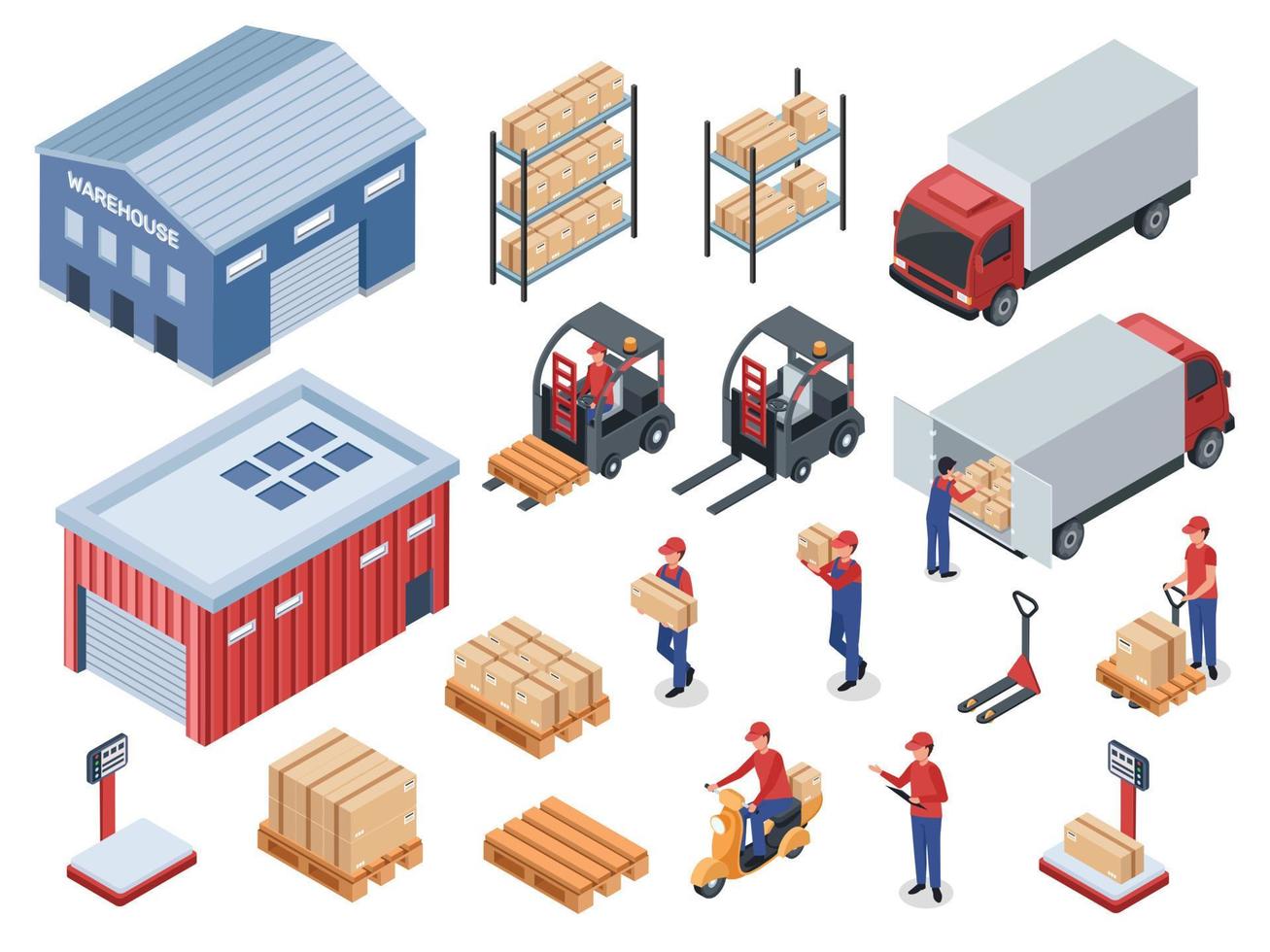 isometrisch logistisch Lieferung, Verteilung Lagerhaus, Transport Logistik. Kurier oder Lieferung Mann, Ladung LKW, Gabelstapler Vektor einstellen
