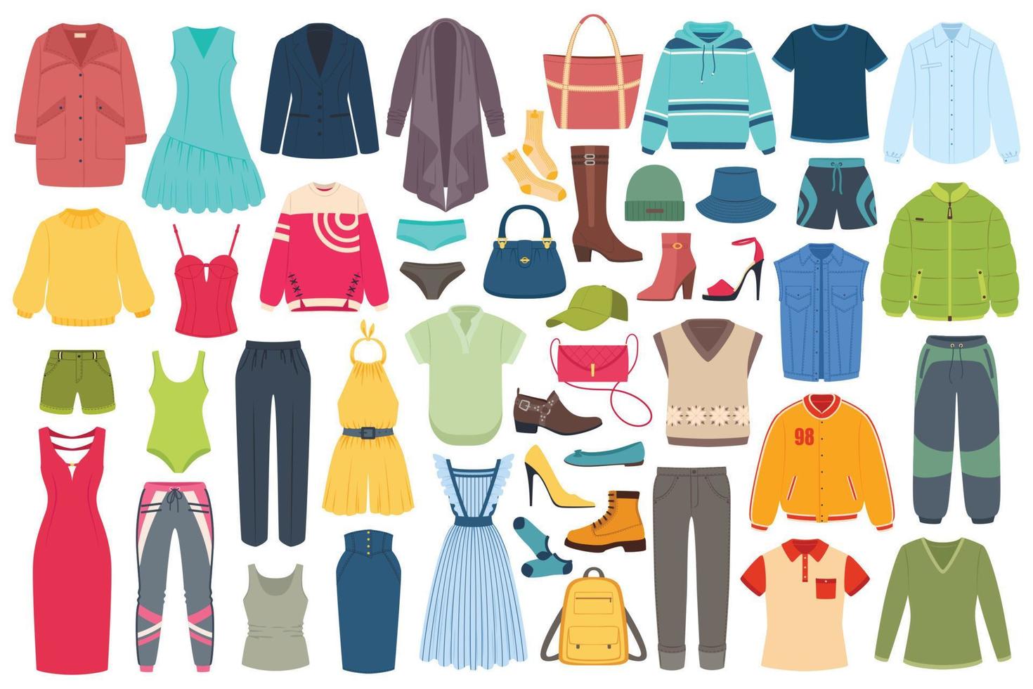 män och kvinnor mode Kläder Tillbehör, hattar, Skodon. sommar eller vinter- kläder, modern tillfällig kläder, skor och påsar vektor uppsättning