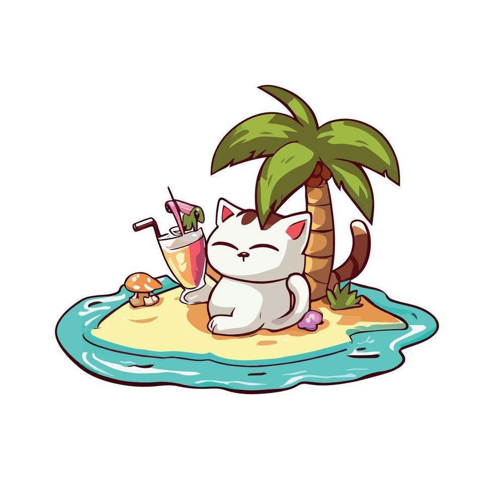 süß Katze genießen Sommer- Sonnenbaden auf ein klein Insel unter Kokosnuss Baum während Trinken vereist Saft vektor