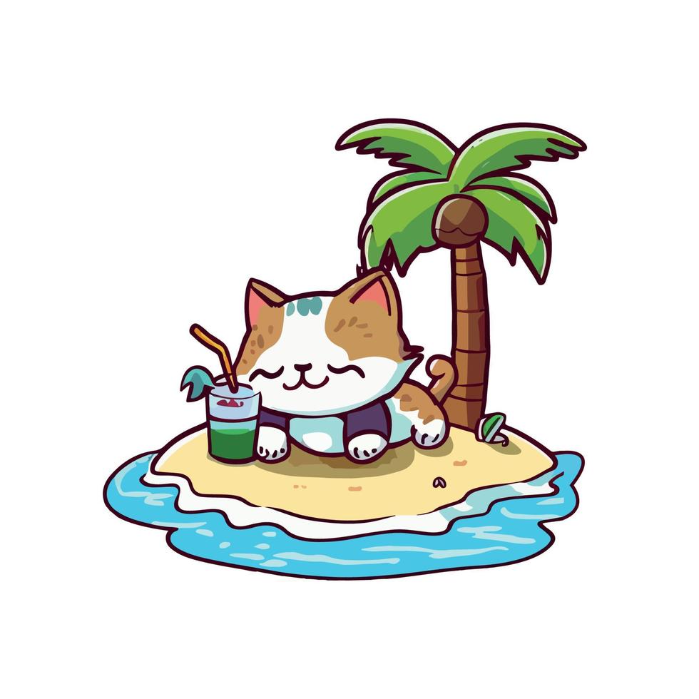 söt katt njut av sommar solbad på en små ö under kokos träd medan dricka iced juice vektor