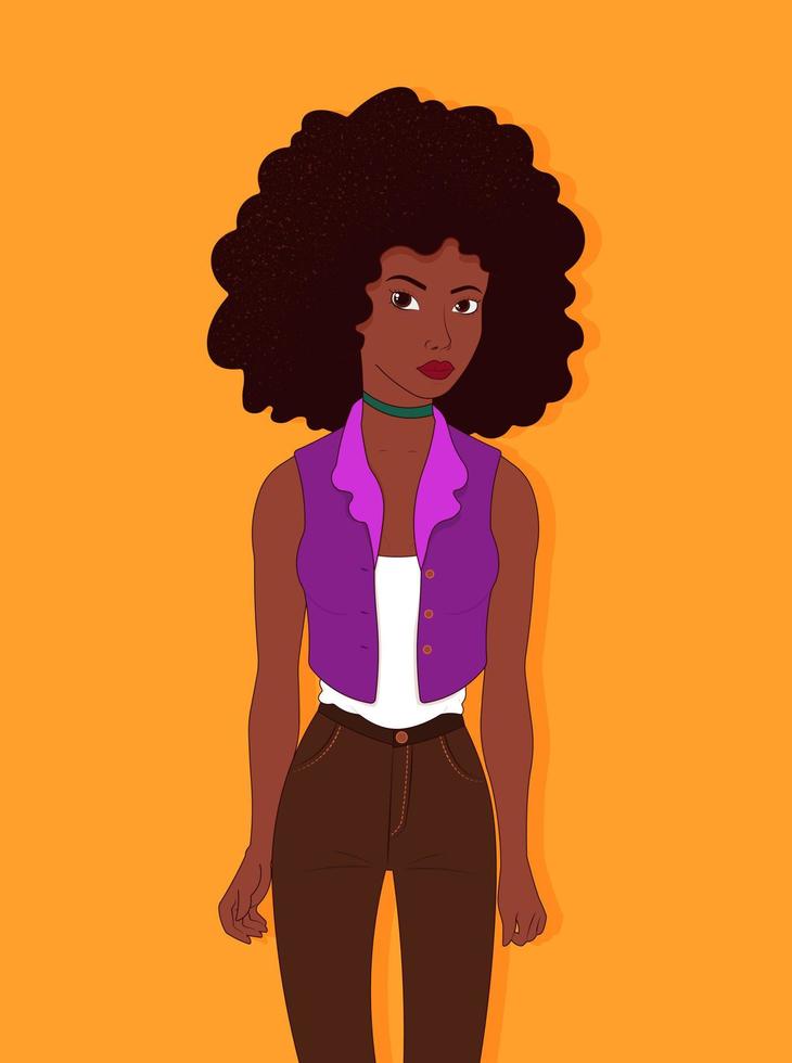 ung afrikansk amerikan kvinna med svart lockigt hår i Häftigt kläder. svart stark flicka på gul bakgrund, främre se. färgrik vektor illustration.