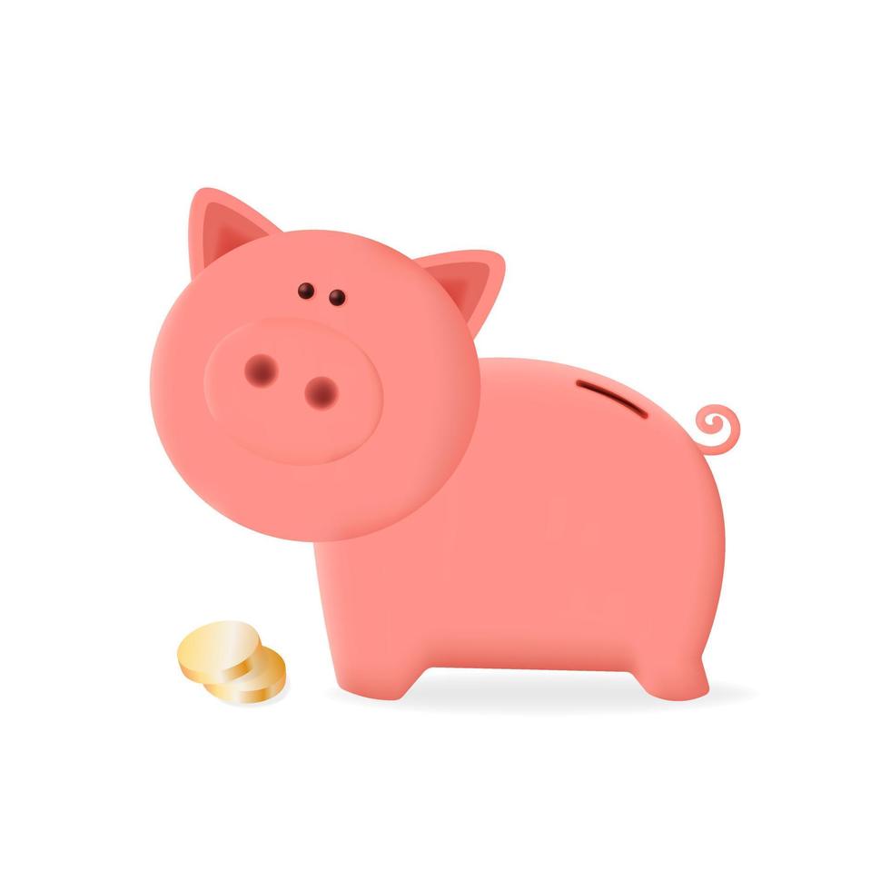 isoliert süß Rosa Schweinchen Bank auf ein Weiß Hintergrund. Schweinchen Bank mit golden Münzen. Vektor Illustration