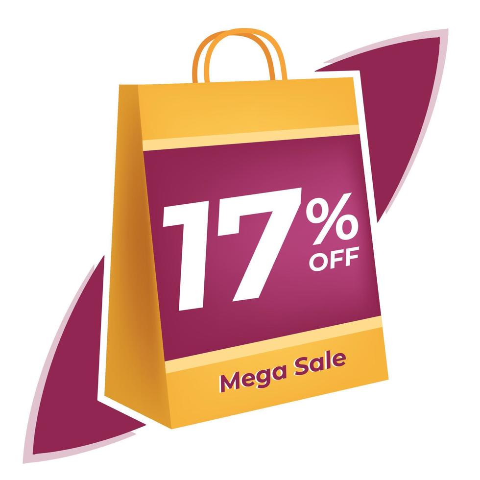 17 Prozent aus. 3d Gelb Einkaufen Tasche Konzept im Weiß Hintergrund. vektor