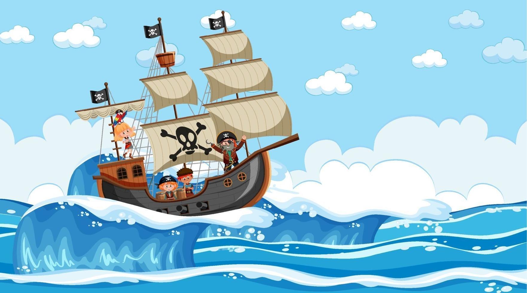 Strand mit Piratenschiff bei Tagesszene im Cartoon-Stil vektor