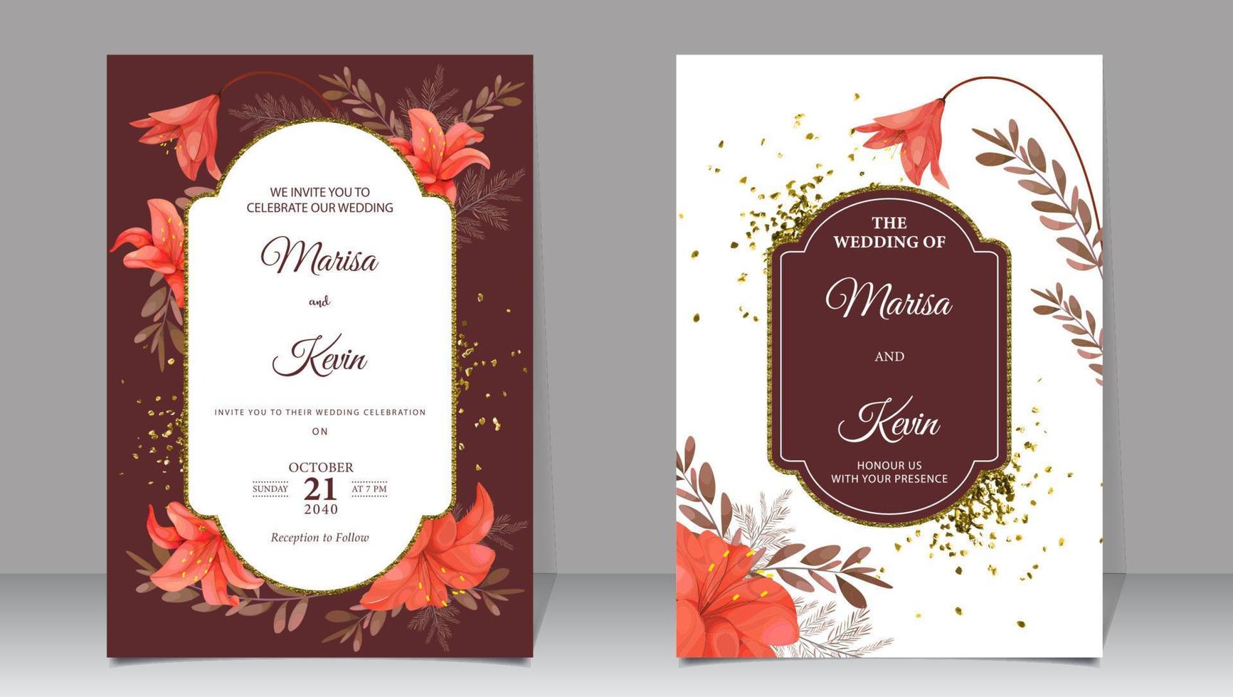 ein Hochzeit Einladung mit rot und Gold Blumen und Blätter. vektor