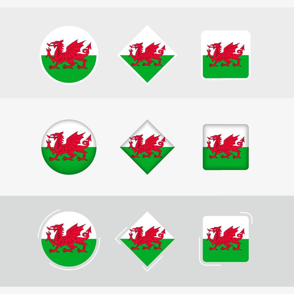 wales flagga ikoner uppsättning, vektor flagga av Wales.