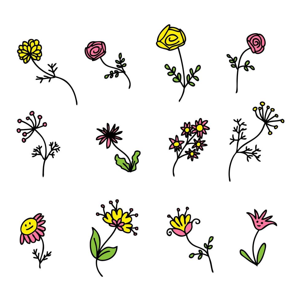 Sommer- Wildblumen sammeln im einfach Gekritzel Stil. perfekt zum Tee, Aufkleber, Poster, Karte. vektor