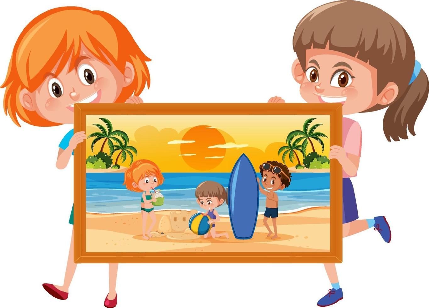 zwei Mädchenkarikaturfigur, die ein Foto von Kindern am Strand hält vektor