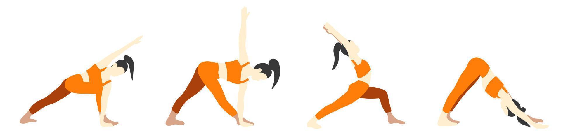 flexibilitet yoga poser samling. asiatisk kvinna, lady, kvinna, flicka. meditation, pilates, mental hälsa, Träning, Gym. vektor illustration i tecknad serie platt stil isolerat på vit bakgrund.