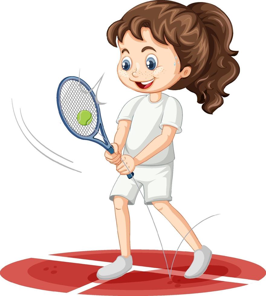süßes Mädchen, das Tenniszeichentrickfigur isoliert spielt vektor