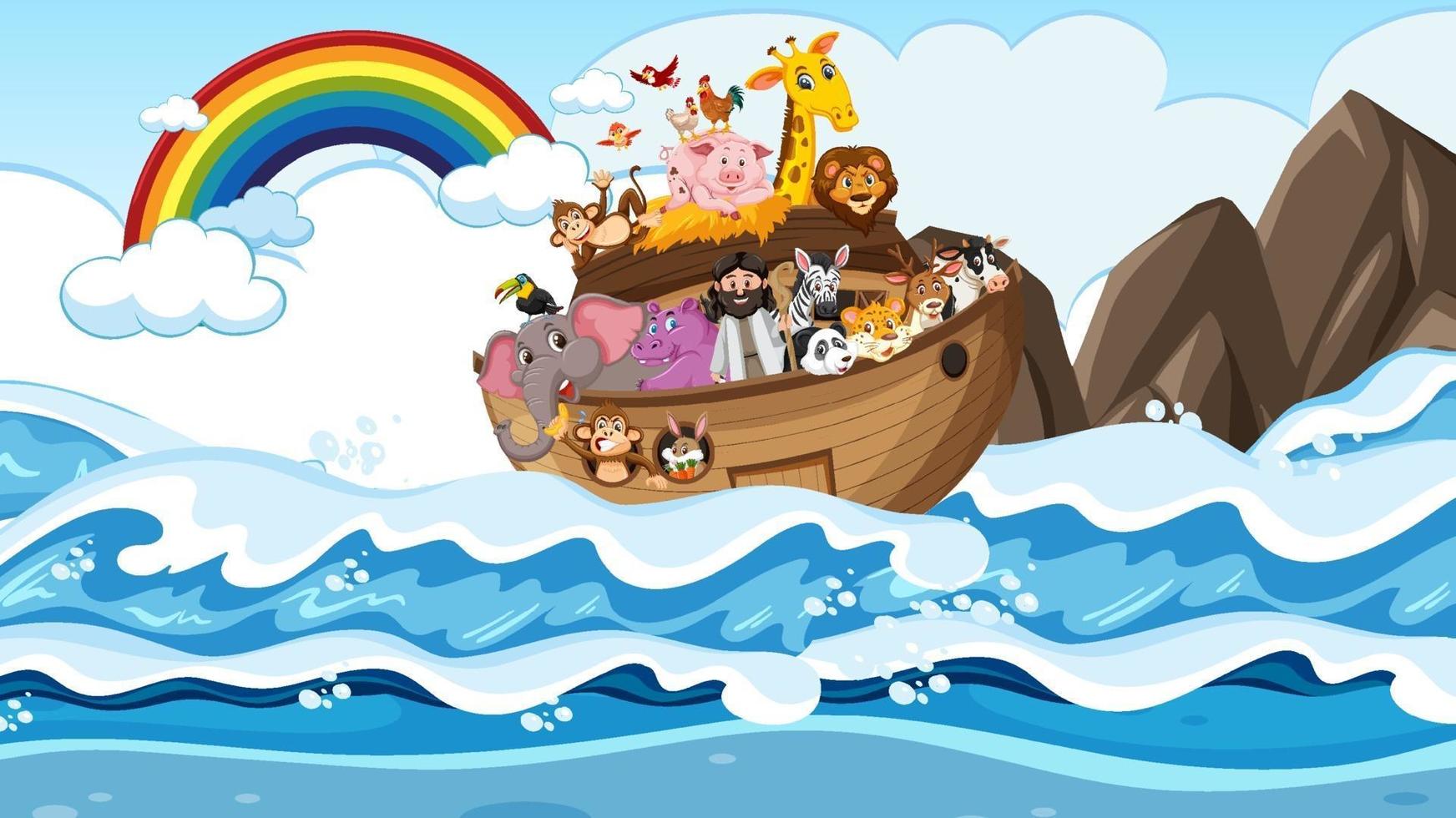 Noah Arche mit Tieren in der Ozeanszene vektor