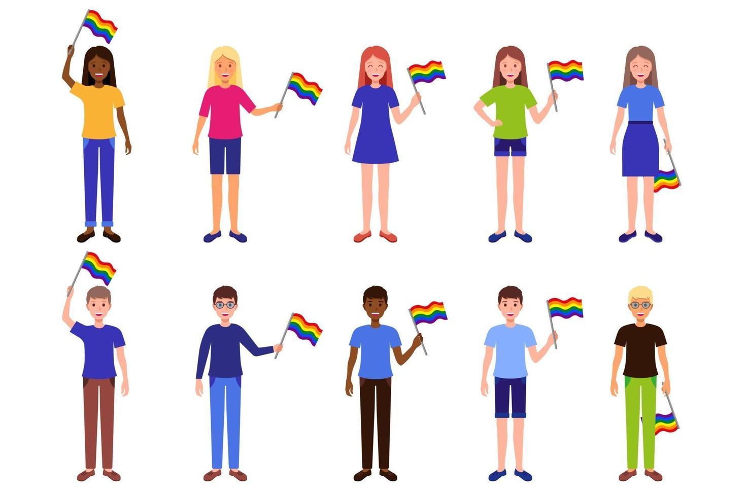 vektor tecknad uppsättning illustrationer med män och kvinnor av olika raser håller lgbt flaggor