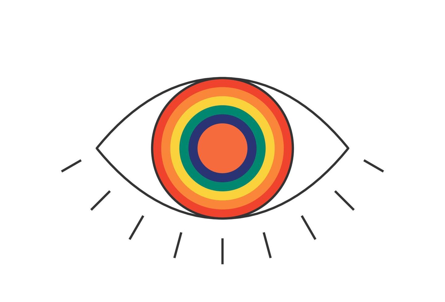 retro häftig boho öppen regnbåge Färg öga. psychedelic hippie stil bohemisk design. årgång hippie galen esoterisk regnbågsskimrande elev klistermärke. abstrakt 60-tal, 70-talet, 80s trendig y2k. vektor eps illustration