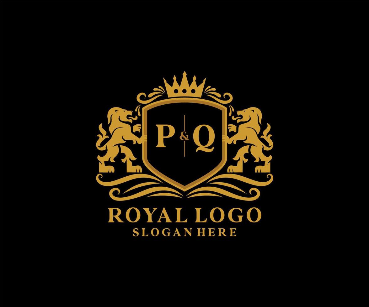 första pq brev lejon kunglig lyx logotyp mall i vektor konst för restaurang, kungligheter, boutique, Kafé, hotell, heraldisk, Smycken, mode och Övrig vektor illustration.