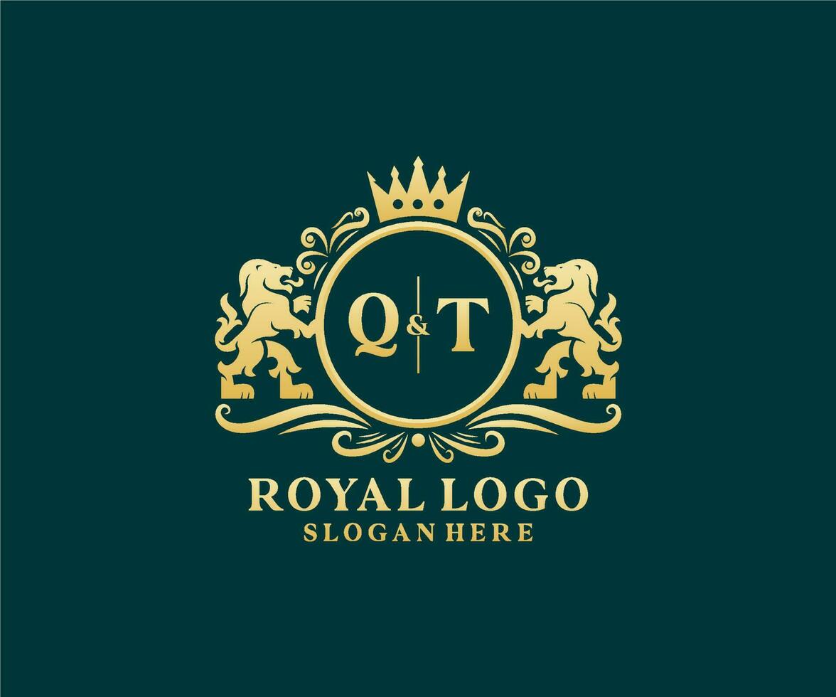 första qt brev lejon kunglig lyx logotyp mall i vektor konst för restaurang, kungligheter, boutique, Kafé, hotell, heraldisk, Smycken, mode och Övrig vektor illustration.