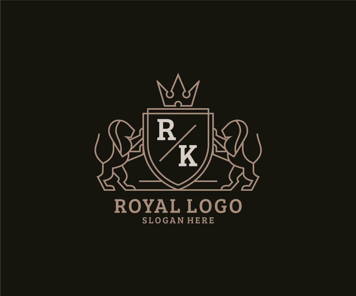 första rk brev lejon kunglig lyx logotyp mall i vektor konst för restaurang, kungligheter, boutique, Kafé, hotell, heraldisk, Smycken, mode och Övrig vektor illustration.