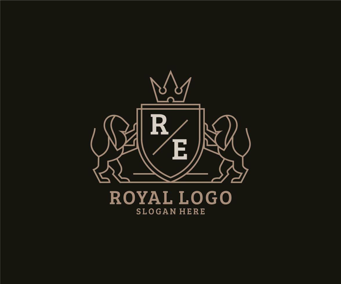 första re brev lejon kunglig lyx logotyp mall i vektor konst för restaurang, kungligheter, boutique, Kafé, hotell, heraldisk, Smycken, mode och Övrig vektor illustration.