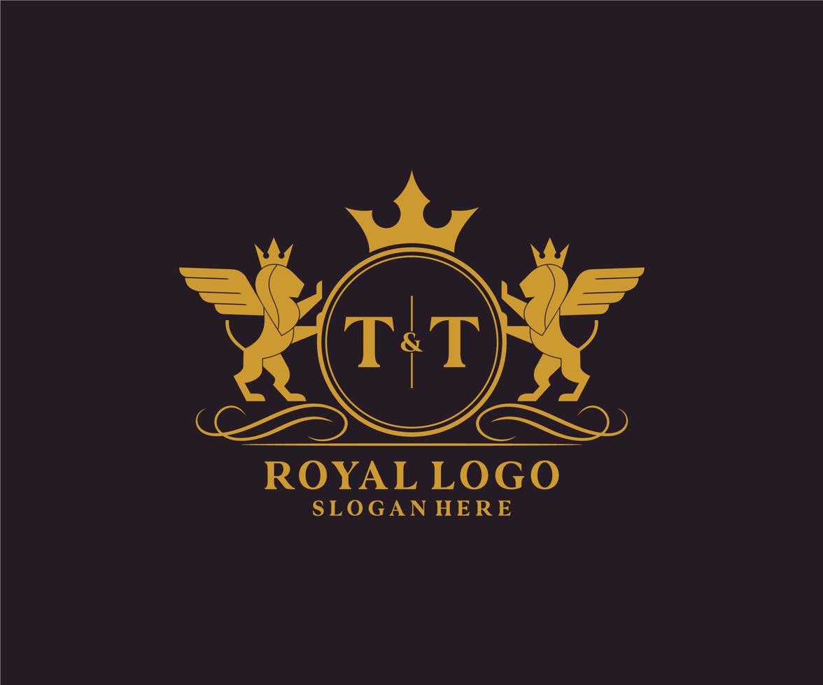 första tt brev lejon kunglig lyx heraldisk, vapen logotyp mall i vektor konst för restaurang, kungligheter, boutique, Kafé, hotell, heraldisk, Smycken, mode och Övrig vektor illustration.