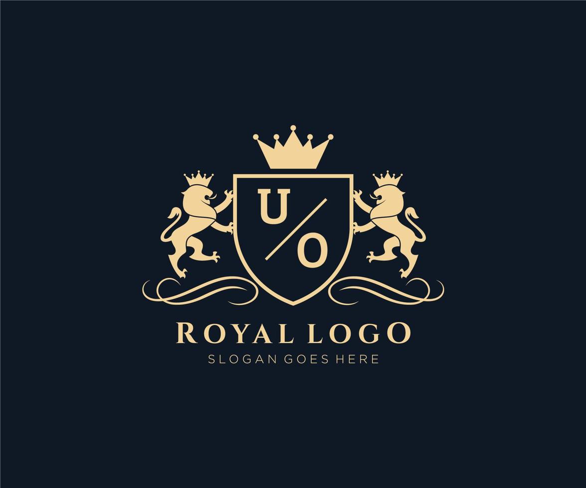 Initiale uo Brief Löwe königlich Luxus heraldisch, Wappen Logo Vorlage im Vektor Kunst zum Restaurant, Königtum, Boutique, Cafe, Hotel, heraldisch, Schmuck, Mode und andere Vektor Illustration.