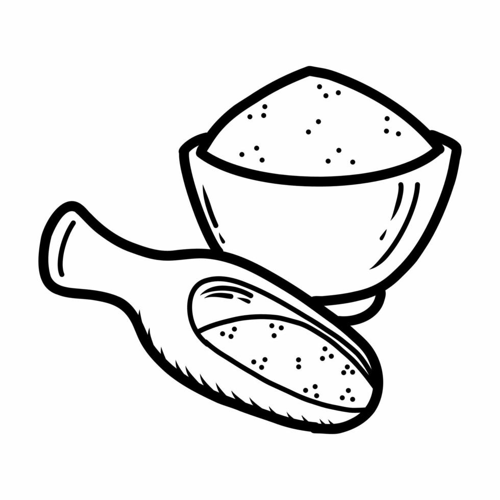 Gewürze und Gewürze im Schüssel. Vektor Gekritzel Illustration. Curry.