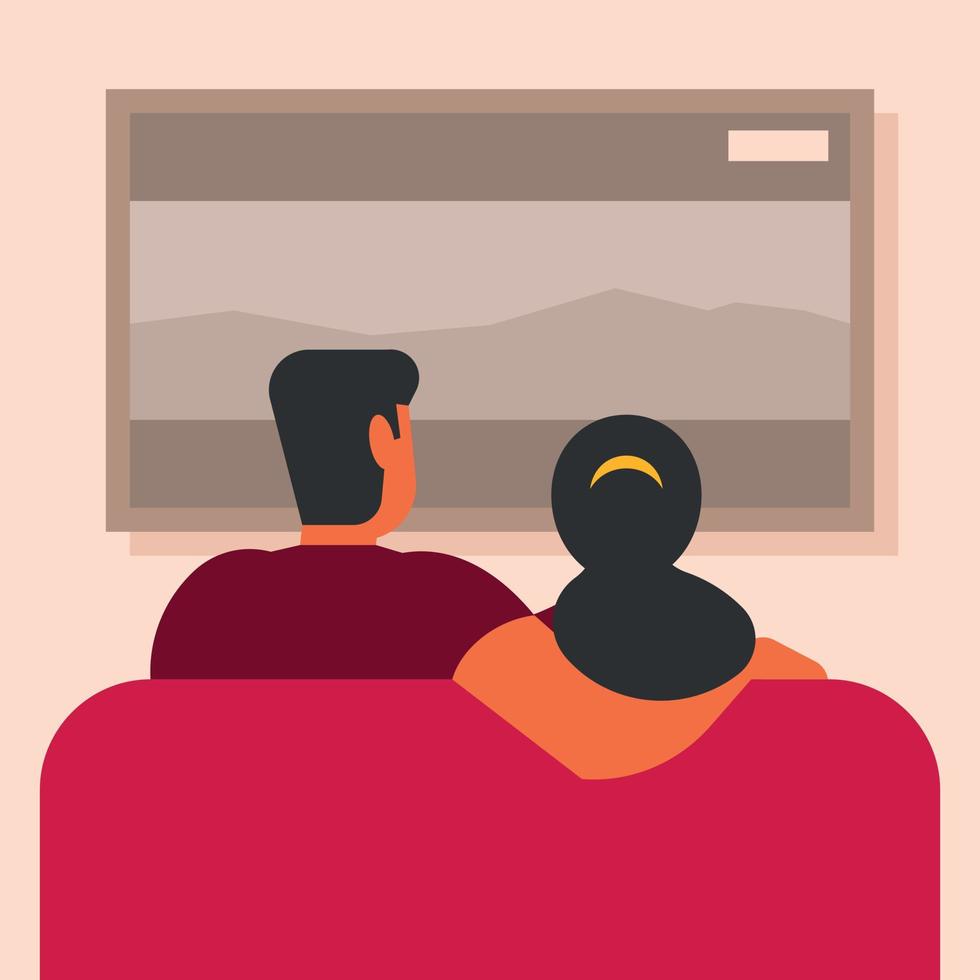 man och kvinna tittar på TV på Hem vektor