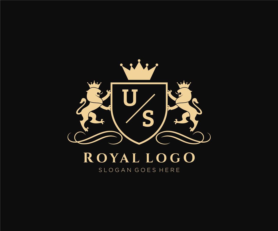 första oss brev lejon kunglig lyx heraldisk, vapen logotyp mall i vektor konst för restaurang, kungligheter, boutique, Kafé, hotell, heraldisk, Smycken, mode och Övrig vektor illustration.