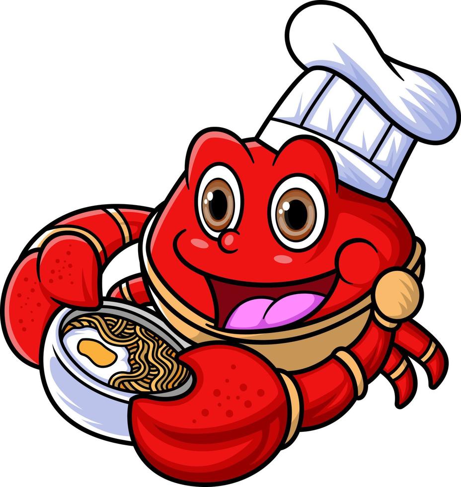 das Maskottchen Charakter von ein süß Krabbe funktioniert wie ein Fachmann Koch war Tragen Schalen von sehr lecker Nudeln vektor