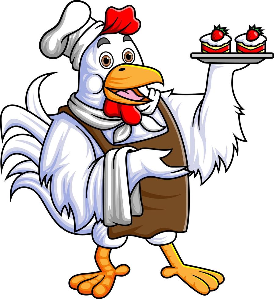 ein Hahn gekleidet wie ein Restaurant Bedienung bringt ein Teller gefüllt mit köstlich Kuchen vektor