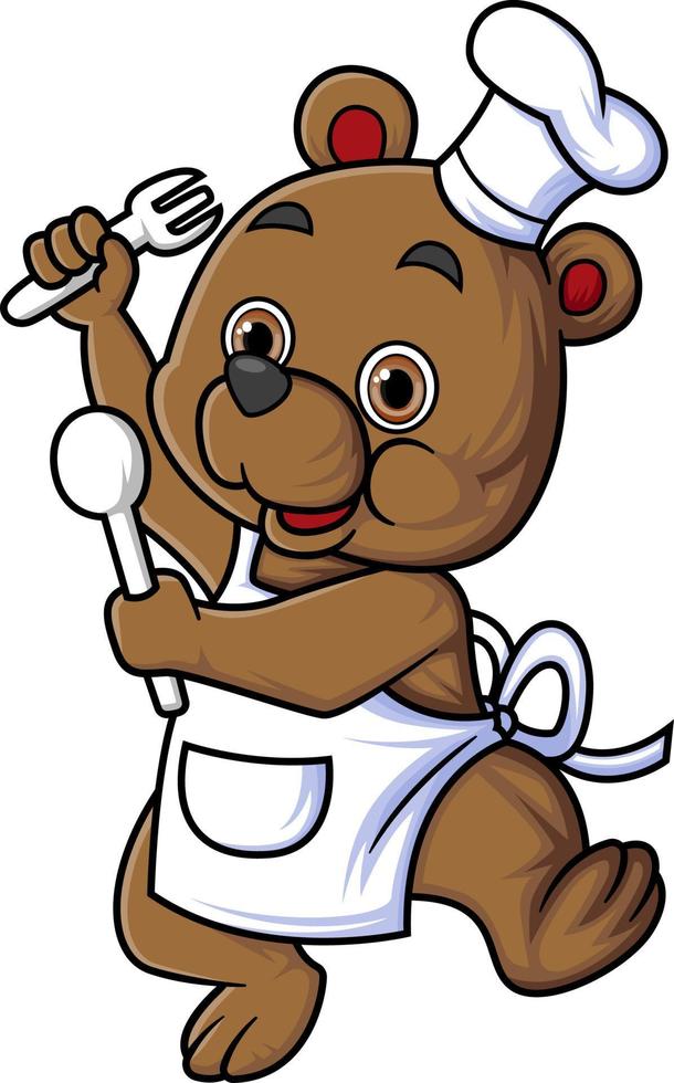 söt bebis Björn tecknad serie karaktär bär kock kläder bärande sked och gaffel dans vektor