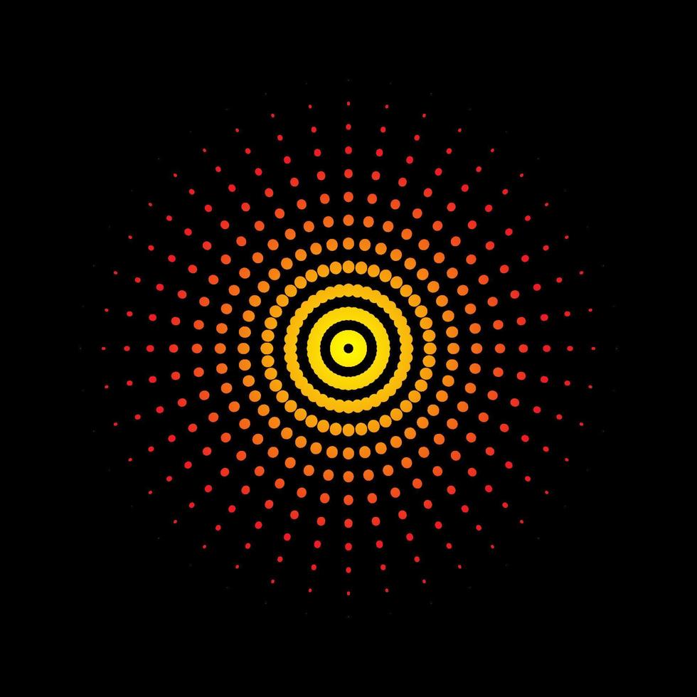 schön Gelb und rot Sunburst gepunktet Spiral- Wirbel Symbol isoliert auf ein schwarz Hintergrund. Star platzen Strudel Muster Punkte Logo Symbol Vektor Vorlage.