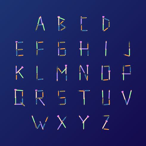 Arrangemang av pennor skola tema alfabet vektor