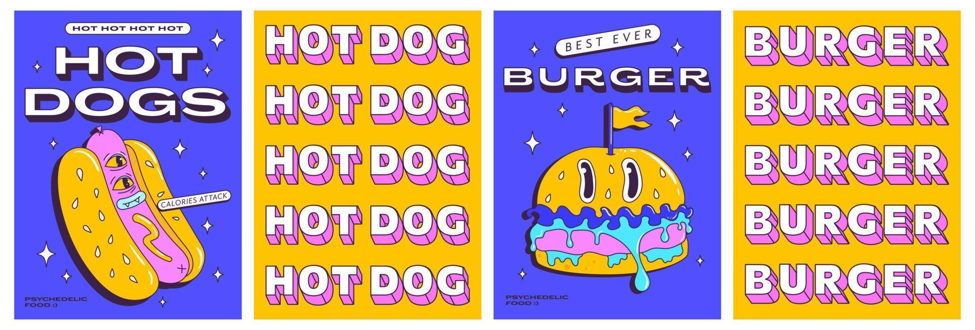 trendig psychedelic posters uppsättning med rolig snabb mat tecken. trippy varm hund och galen modern hamburgare. främre och tillbaka sida affisch design. vektor illustration.