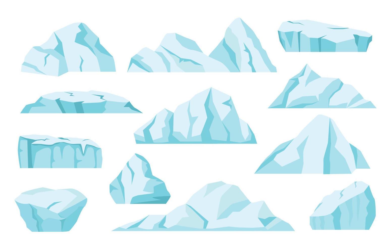 Karikatur Eisberge, Arktis Eis Felsen, Antarktis Gletscher. Norden Pole gefroren eisig Berg, Eis Scholle, schwebend Eisberg, gefroren Blöcke Vektor einstellen