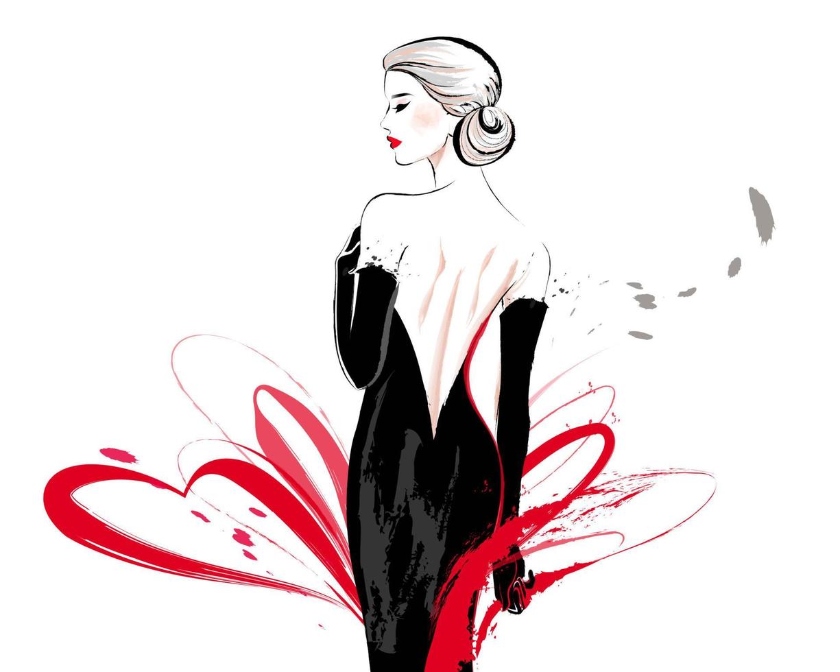sexig kvinna bär svart kväll klänning och som visar henne tillbaka i bläck stroke stil vektor