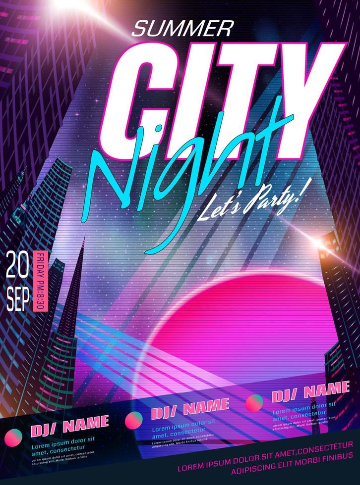 Cyberpunk Stil Musik- Party Poster Design mit Nacht Stadt Hintergrund vektor